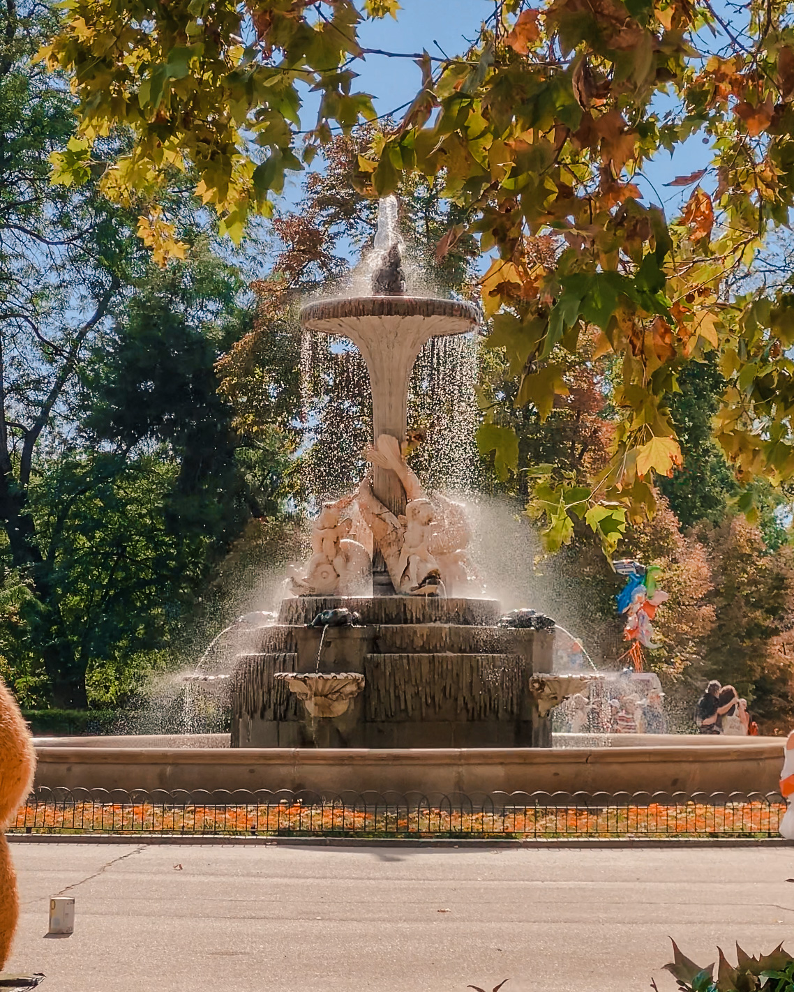 Glowing fountain in fall in madrid