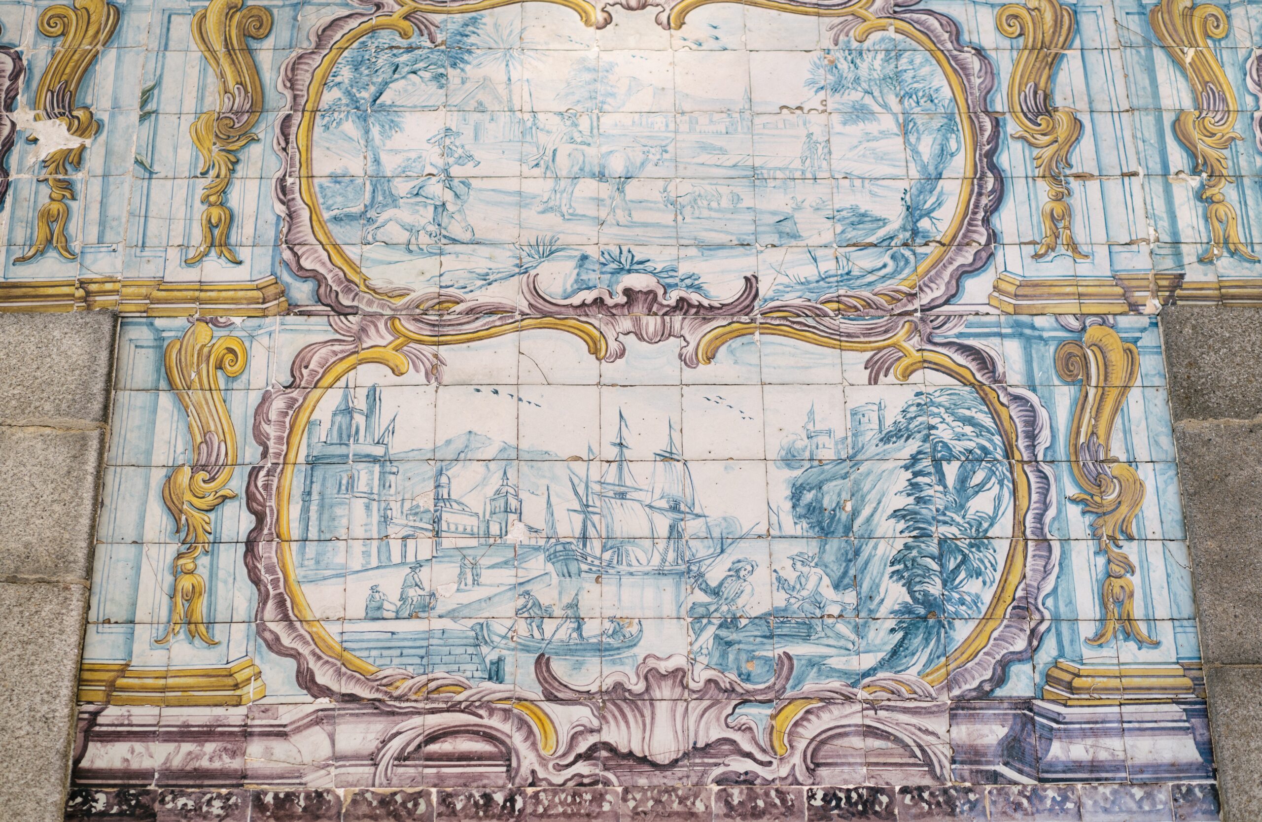 Traditional Portuguese azulejo tiles. Blue and white ceramics on the wall in a church.