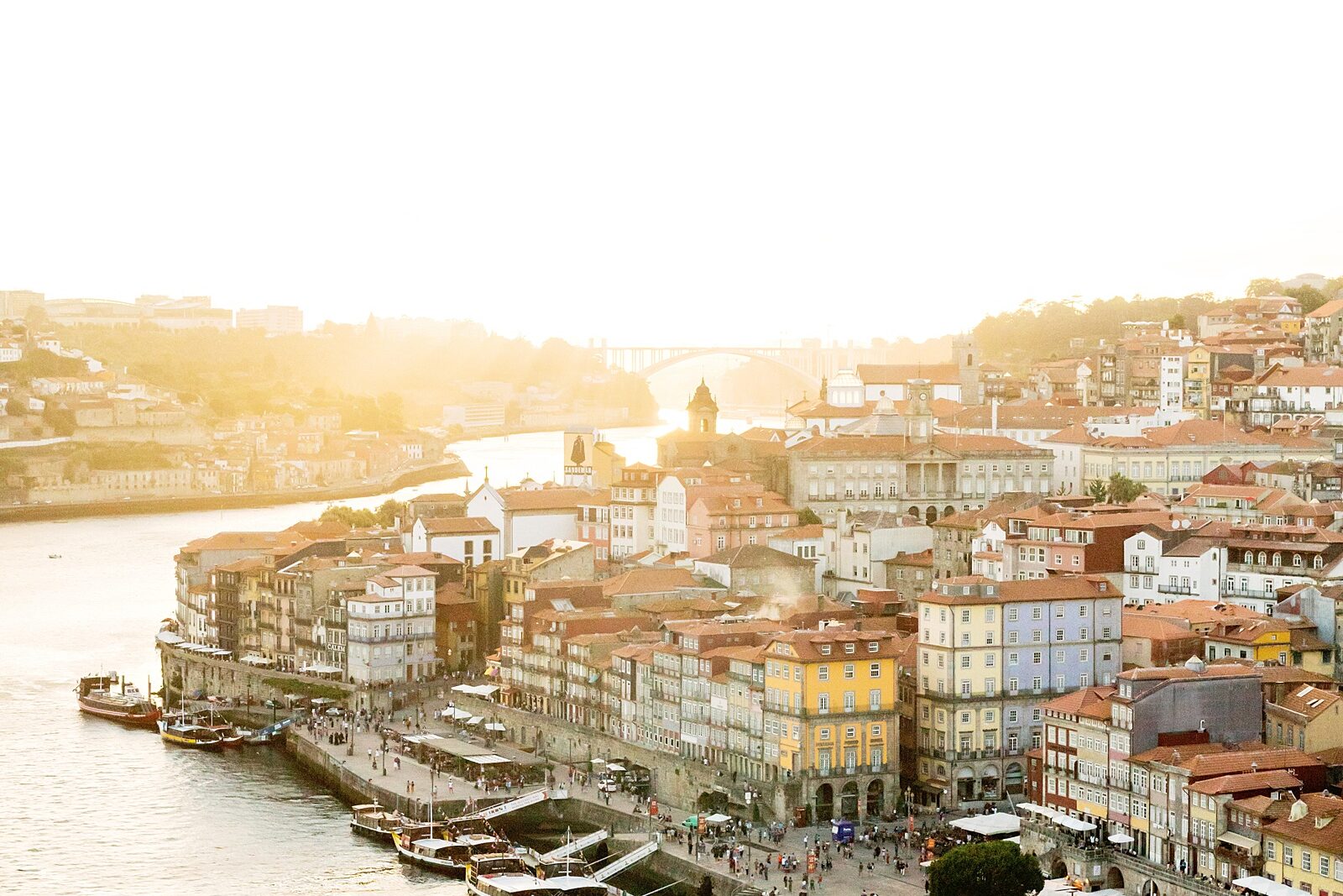 sun glistening off of the douro river over houses