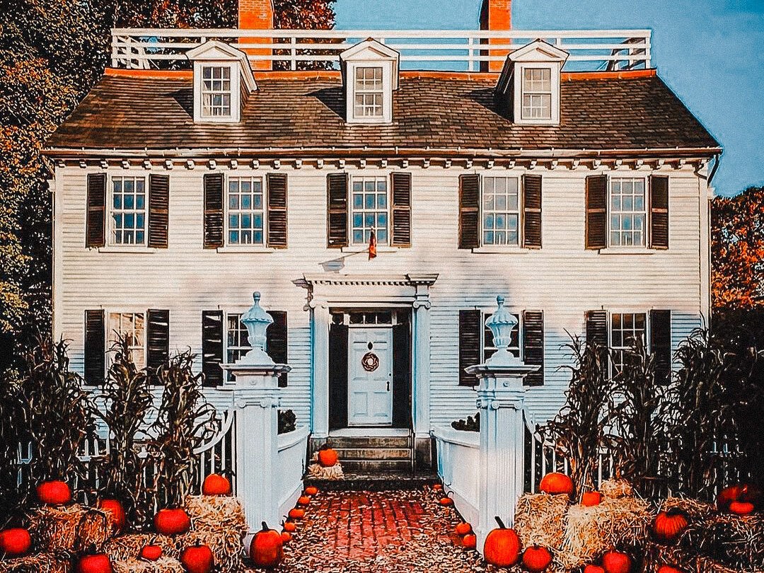 ropes mansion decorated with pumpkins