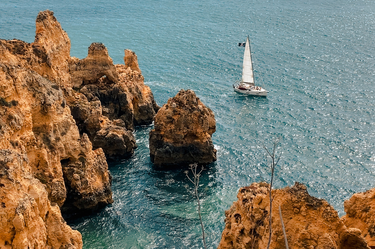 View from above at Ponta da Piedade. A white sailboat crosses in front of the sandstone cliffs.